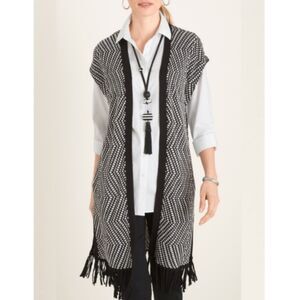 Chico's Patterned Fringe Long Long Duster Length Knit Sweater Vest Size Small